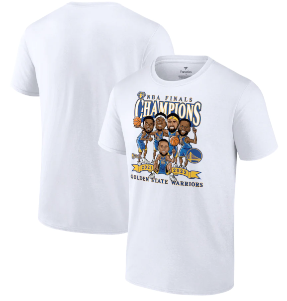 Men's Golden State Warriors 2021-2022 White NBA Finals Champions Caricature T-Shirt Men's Golden State Warriors 2021-2022 White NBA Finals Champions Caricature T-Shirt
